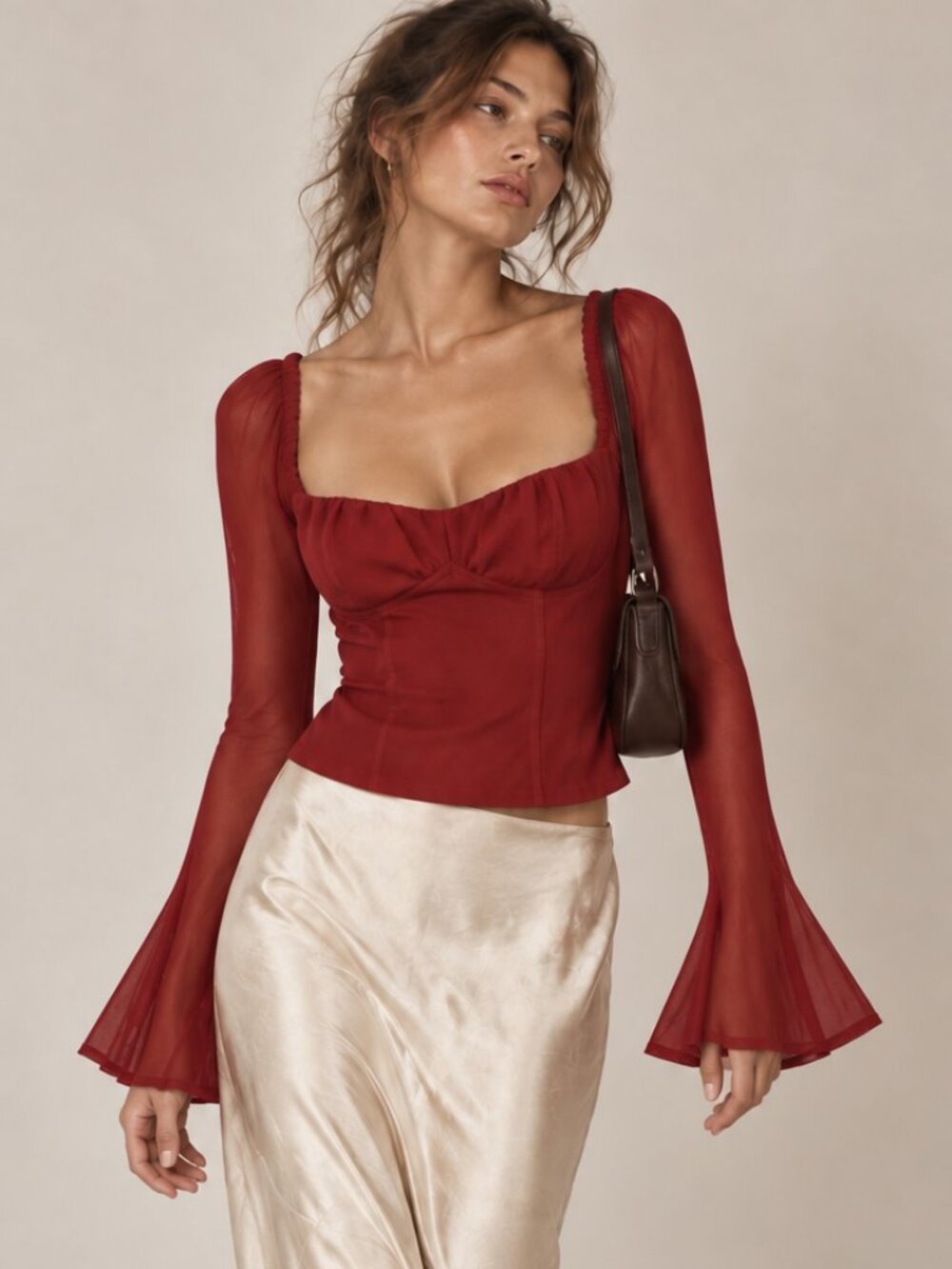 Princess Polly Red Corset Bustier Top Sheer Long Bell Sleeves Renaissance